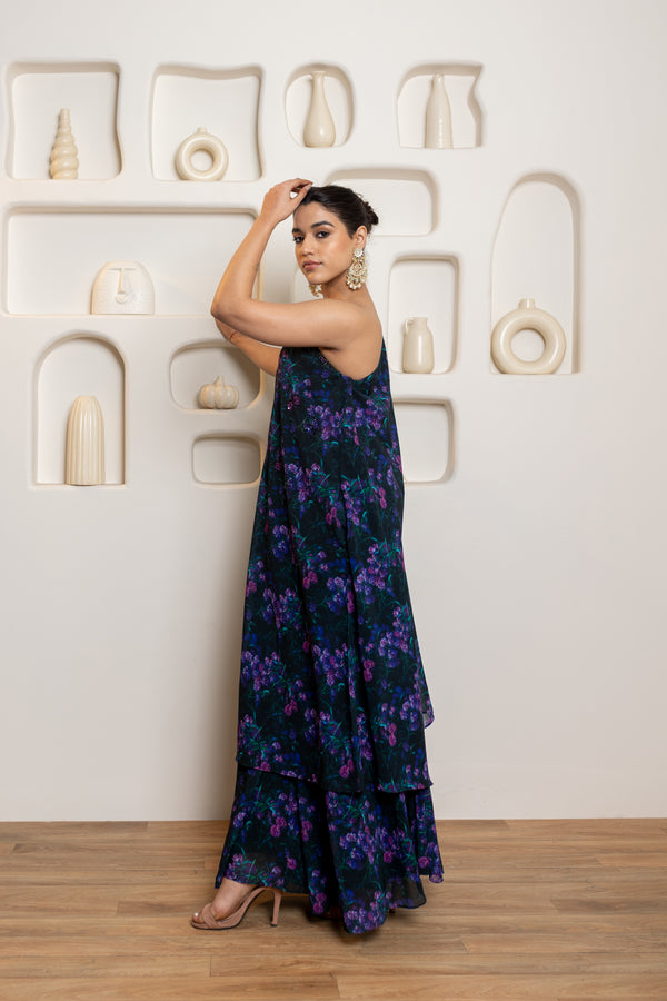 Sona One Shoulder Purple Printed Cape Set