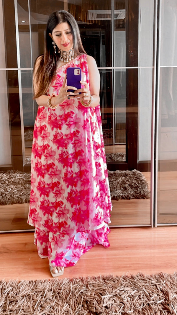 Sona One Shoulder Pink Printed Cape Set