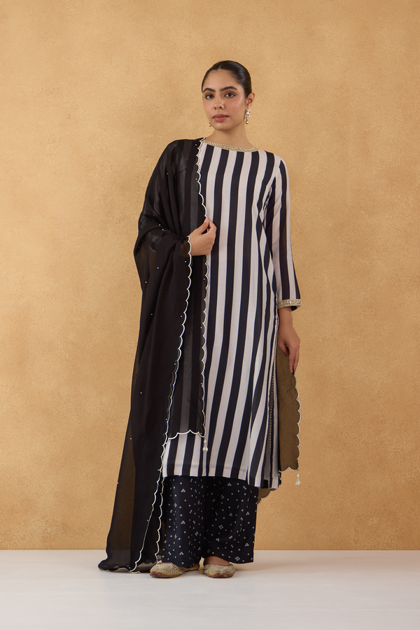 Black & White Stripe Kurta with Bandhej Pants Set of 3