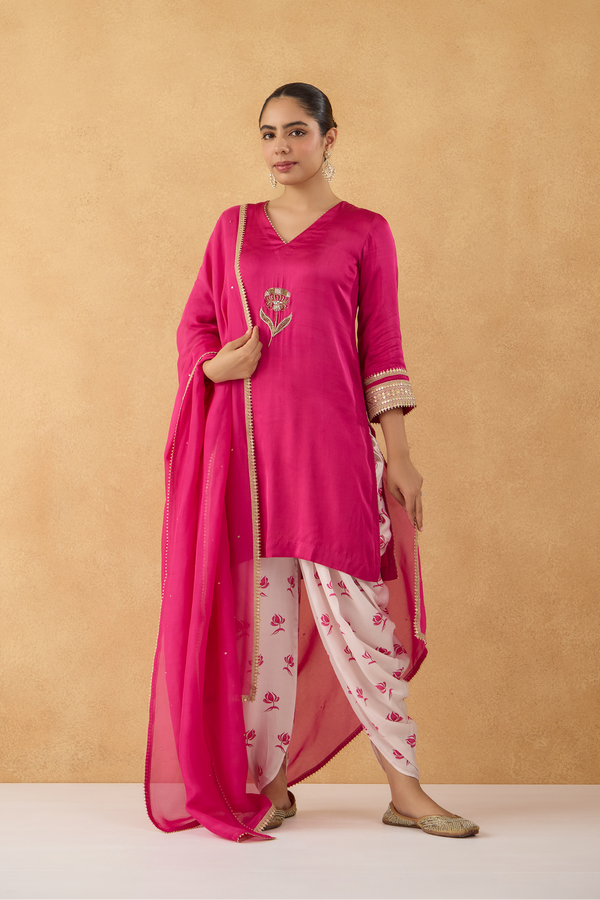 Fushia Embroidered Kurta With Floral Printed Dhoti Pants