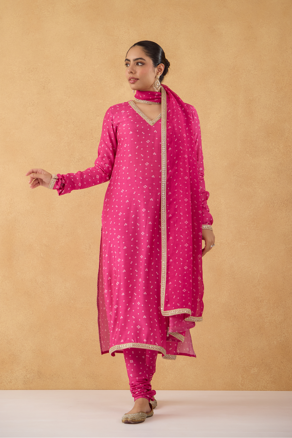 Fushia Bandhej Printed Kurta Set of 3