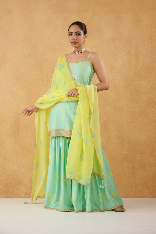 Aqua Yellow Floral Kurta with Gharara Set