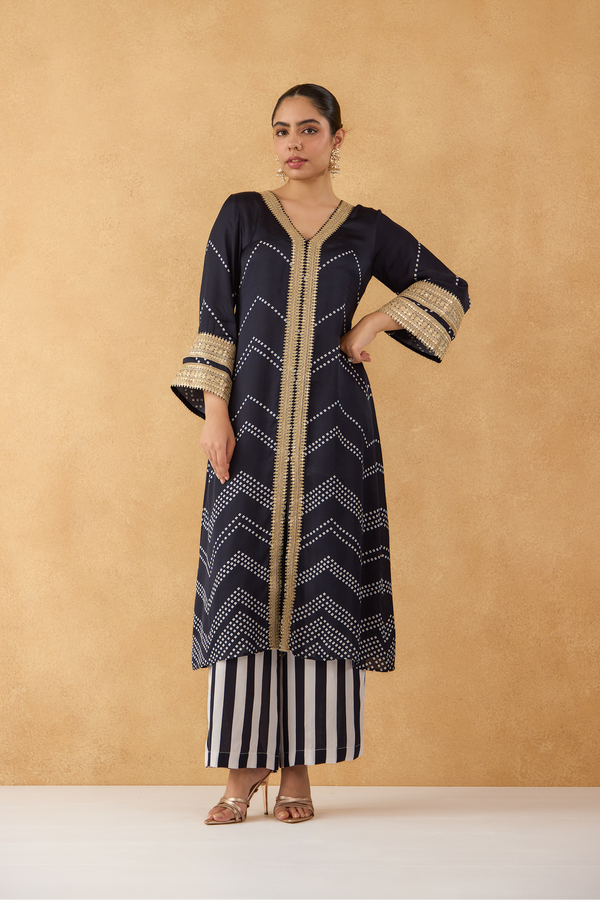 Black Bandhej Kurta With Stripe Pants