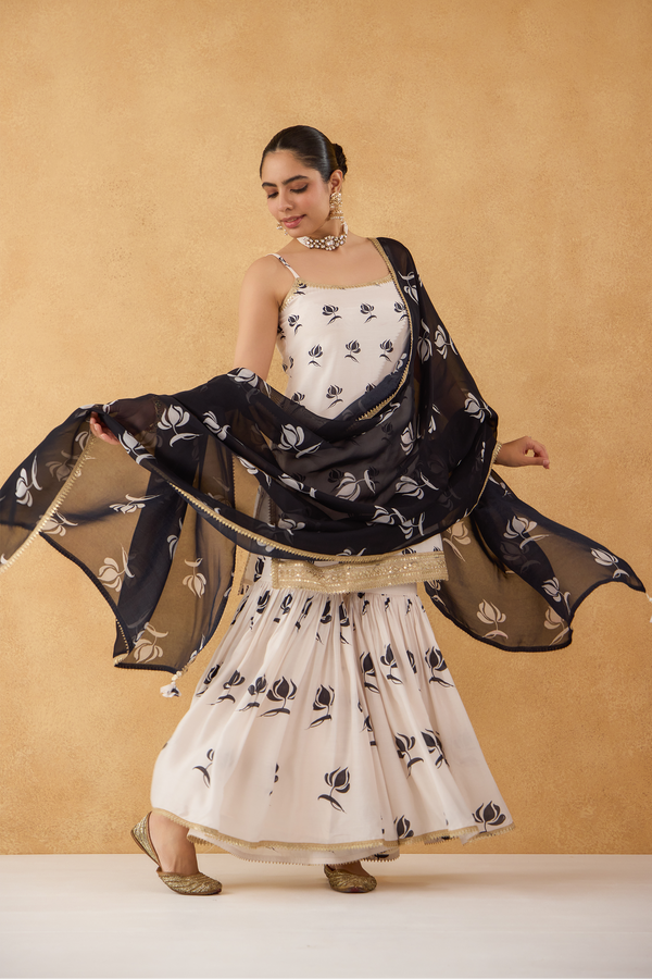 Black & White Floral Kurta with Gharara Set