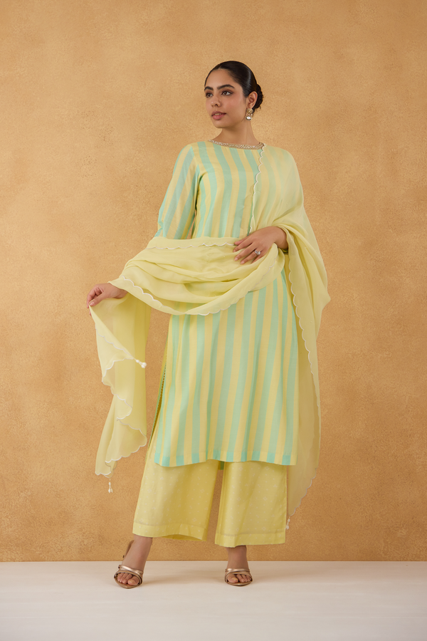 Lime Yellow Stripe Kurta with Bandhej Pants Set of 3