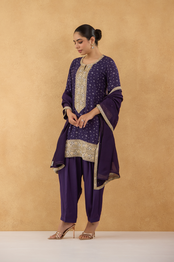 Purple Bandhej Printed Kurta Set of 3