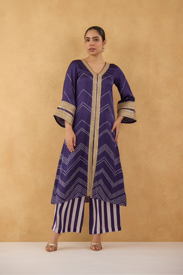 Purple Bandhej Kurta With Stripe Pants